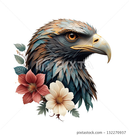 Majestic geometric eagle portrait with a textured, tiled feather pattern, framed by delicate flowers and deep green foliage. 132270937
