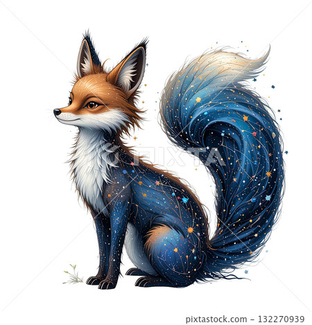 Magical fox with a constellation coat and starry, cosmic tail, featuring dark blue fur speckled with bright gold stars and stardust. 132270939