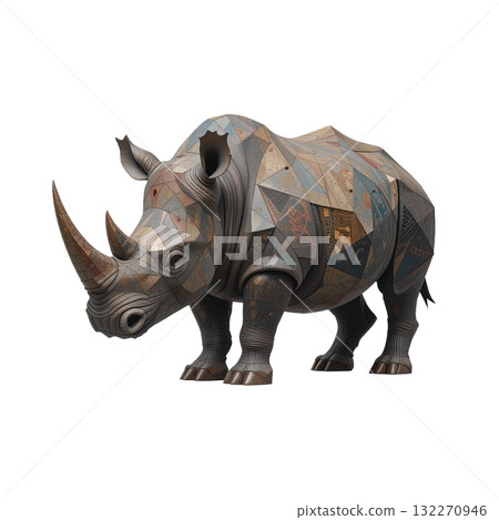 Full body geometric rhino with a low-poly, patchwork pattern of tiled textures and muted colors, standing in a majestic pose. 132270946