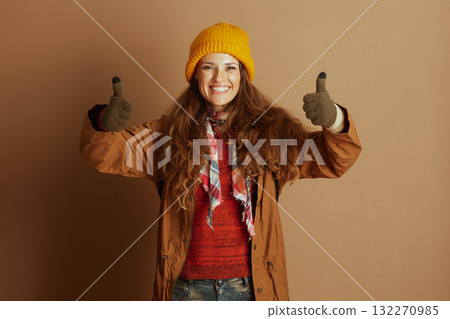 Happy Woman in Yellow Beanie Giving Thumbs Up Happy Woman in Yellow Beanie Giving Thumbs Up 132270985
