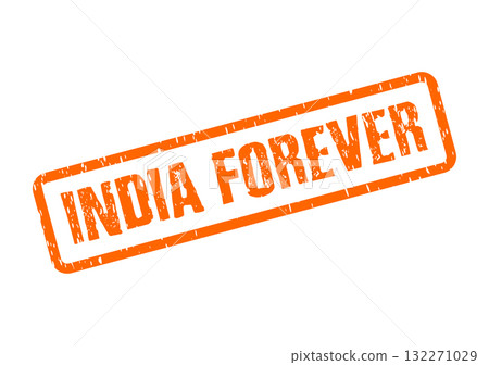 This distressed orange rubber stamp visually expresses the enduring text India Forever within its rough rectangular frame 132271029