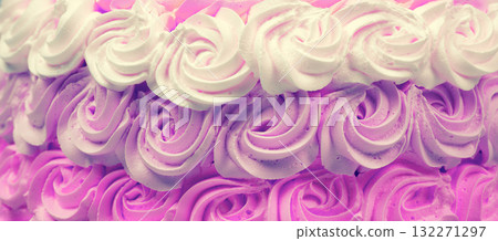 Festive Ombre pink rose cream cake. Abstract food background. Horizontal banner 132271297