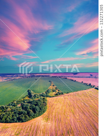 View from above of sunny fields on rolling hills during sunset. Vertical banner View from above of sunny fields on rolling hills during sunset. Vertical banner 132271305