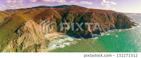 Panoramic view of Cabo da Roca. Rocky seascape. Assentiz Beach. Region of Cape Roca, Atlantic Ocean, Portugal. Horizontal banner 132271312
