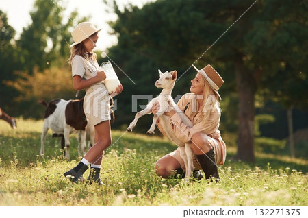 In the sunlight. Mother and daughter are together on the farm with goats 132271375