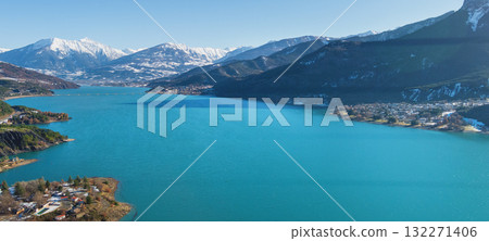 View of Serre-Poncon mountain lake in winter in Hautes Alpes, France 132271406
