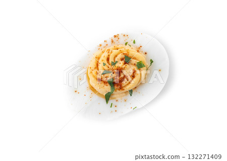 Homemade hard Boiled Deviled Eggs garnished with herbs isolated on white background 132271409