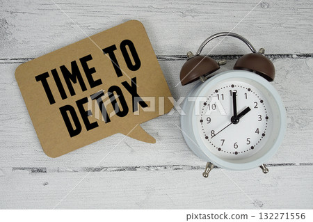Time to detox text with alarm clock on wooden background Time to detox text with alarm clock on wooden background 132271556