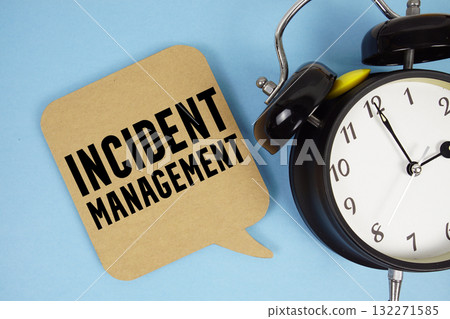 Incident Management text with alarm clock on blue background Incident Management text with alarm clock on blue background 132271585