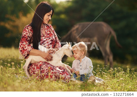 Woman is in red dress. Mother and son are with goats on the farm, together Woman is in red dress. Mother and son are with goats on the farm, together 132271664