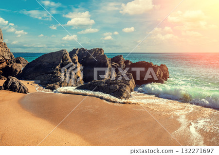 Rocky seascape on a sunny day, view of sunny bay in Setubal, Portugal Rocky seascape on a sunny day, view of sunny bay in Setubal, Portugal 132271697