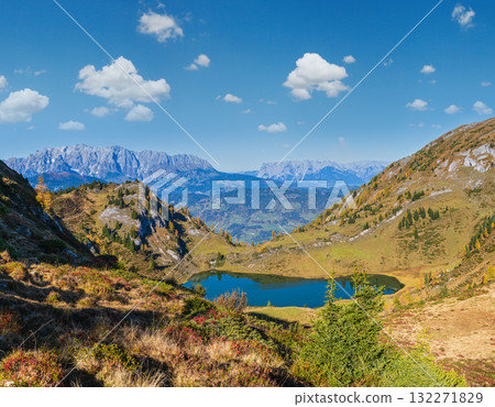 Autumn alpine Grosser Paarsee or Paarseen lake, Land Salzburg, Austria. Alps Hochkonig rocky mountain group view in far. Autumn alpine Grosser Paarsee or Paarseen lake, Land Salzburg, Austria. Alps Hochkonig rocky mountain group view in far. 132271829