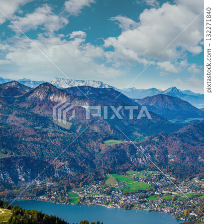 Picturesque autumn Alps mountain lakes view from Schafberg viewpoint, Salzkammergut, Upper Austria. 132271840