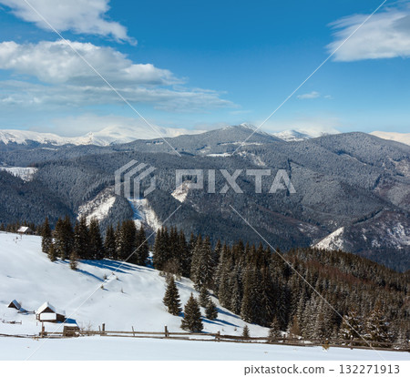Winter snowy mountains, and lone farmstead 132271913