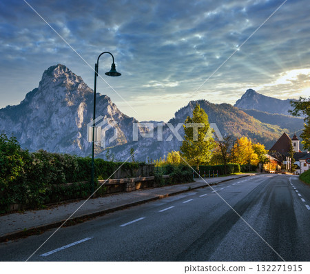 Autumn morning countryside road view, Winkl, Traunkirchen, Upper Austria. 132271915