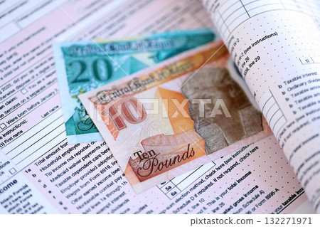Egyptian pound money bills on tax form close up. Taxation and accounting concept Egyptian pound money bills on tax form close up. Taxation and accounting concept 132271971