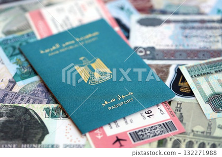 Egyptian pound currency money bills with tickets and passport close up. The concept of travel and vacation 132271988