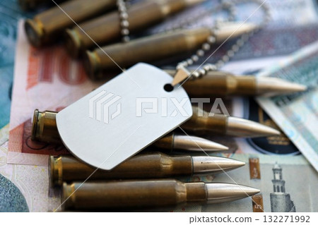 Egyptian pound currency money bills and rifle bullets with dogtag close up. The concept of warfare and army service Egyptian pound currency money bills and rifle bullets with dogtag close up. The concept of warfare and army service 132271992