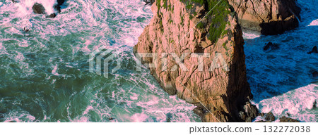Rocky seascape on a sunny day. View of a sunny bay in Setubal, Portugal. Horizontal banner. 132272038