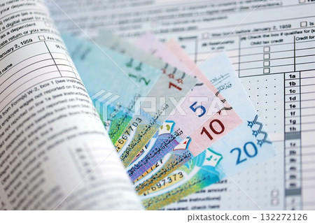 Kuwaiti dinar money bills on tax form close up. Taxation and accounting concept Kuwaiti dinar money bills on tax form close up. Taxation and accounting concept 132272126