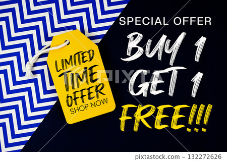 Buy 1 Get 1 Free!!! with Limited Time Offer text on price tag on dark navy blue and blue chevron background 132272626