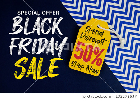 Black Friday Sale with Special Discount 50% text on price tag on dark navy blue and blue chevron background Black Friday Sale with Special Discount 50% text on price tag on dark navy blue and blue chevron background 132272637