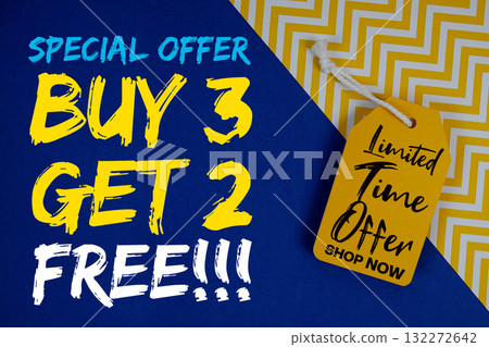 Buy 3 Get 2 Free!!! with Limited Time Offer text on price tag on blue and yellow chevron background 132272642