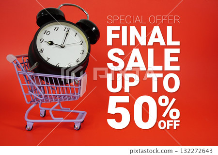Final Sale 50% off Promotion and Marketing with trolley shopping cart and alarm clock on red background Final Sale 50% off Promotion and Marketing with trolley shopping cart and alarm clock on red background 132272643