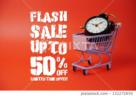 Flash Sale 50% off Promotion and Marketing with trolley shopping cart and alarm clock on red background Flash Sale 50% off Promotion and Marketing with trolley shopping cart and alarm clock on red background 132272650