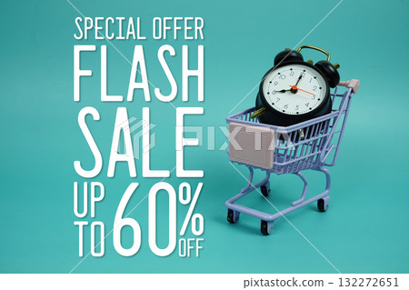 Flash Sale 60% off Promotion and Marketing with trolley shopping cart and alarm clock on blue background 132272651