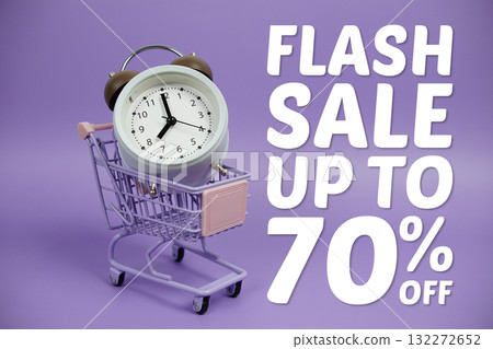 Flash Sale 70% off Promotion and Marketing with trolley shopping cart and alarm clock on purple background Flash Sale 70% off Promotion and Marketing with trolley shopping cart and alarm clock on purple background 132272652