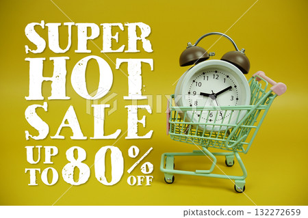 Hot Sale 80% off Promotion and Marketing with trolley shopping cart and alarm clock on yellow background Hot Sale 80% off Promotion and Marketing with trolley shopping cart and alarm clock on yellow background 132272659