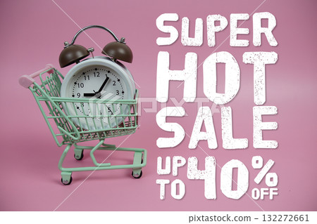 Hot Sale 40% off Promotion and Marketing with trolley shopping cart and alarm clock on pink background Hot Sale 40% off Promotion and Marketing with trolley shopping cart and alarm clock on pink background 132272661