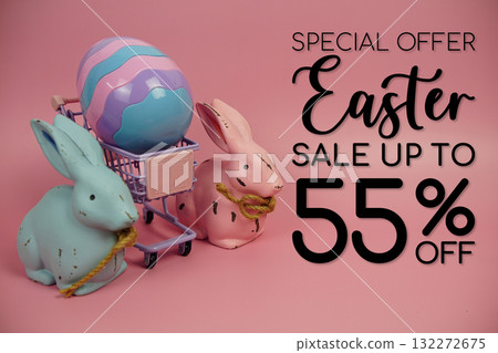 Easter Sale 55% promotion with Easter Egg and rabbits decorations concept on pink background 132272675