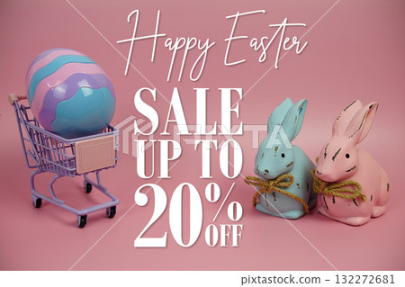 Easter Sale 20% Promotion with Easter Egg on trolley shopping cart and rabbits figure doll on pink background 132272681