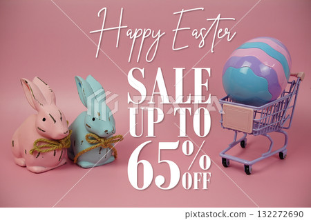Easter Sale 65% Promotion with Easter Egg on trolley shopping cart and rabbits figure doll on pink background 132272690