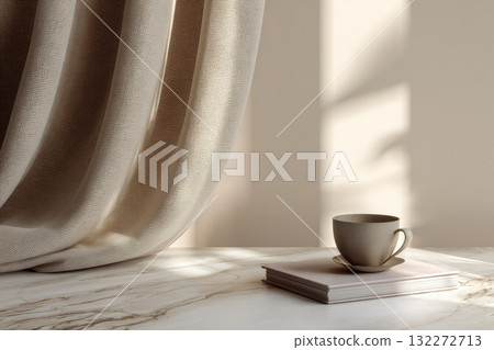 Beige linen curtain natural light ceramic cup saucer marble table minimalistic style soft shadow calm atmosphere morning cozy interior. serene minimalist scene with ceramic cup saucer atop books Beige linen curtain natural light ceramic cup saucer marble table minimalistic style soft shadow calm atmosphere morning cozy interior. serene minimalist scene with ceramic cup saucer atop books 132272713