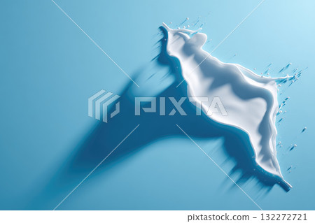 Minimalist surreal photo features cow silhouette formed by flowing white liquid on blue background, creating dreamy and creative visual with sense of motion and imagination 132272721