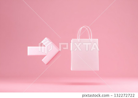 Minimalist surreal image featuring glowing arrow pointing toward floating shopping bag on soft pink background, conveying modern and playful shopping concept 132272722