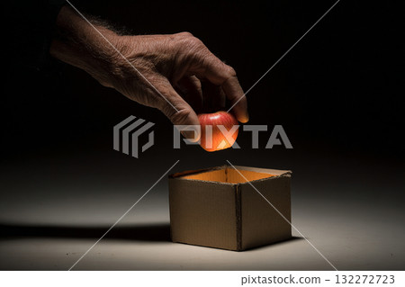Hand gently places glowing apple into small cardboard box, illuminated by dramatic lighting, creating minimalist surreal scene with sense of curiosity and wonder 132272723