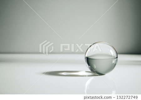 Single glass orb resting on smooth white surface reflects light, creating minimalist and tranquil atmosphere with soft shadows and subtle highlights Single glass orb resting on smooth white surface reflects light, creating minimalist and tranquil atmosphere with soft shadows and subtle highlights 132272749
