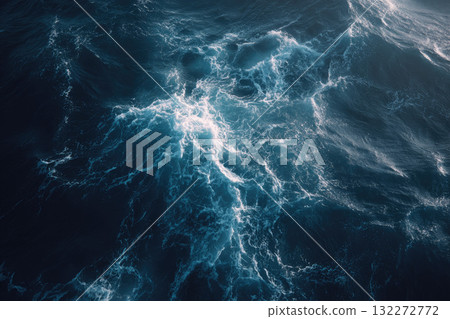 Aerial view of deep blue ocean waves with white foam, minimalist and tranquil, inspired by Japanese art, capturing natural movement and texture 132272772