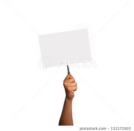 Hand Holding a Blank Sign Paper Board Isolated on White Background 132272803