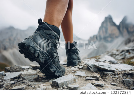 Close up of hiking boot on rocky mountain trail outdoor adventure rugged terrain active lifestyle exploring nature travel determination freedom summer 132272884