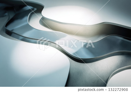 Layered transparent water surfaces create abstract, reflective pattern with smooth curves and soft lighting, evoking calm and modern atmosphere in minimalistic style 132272908