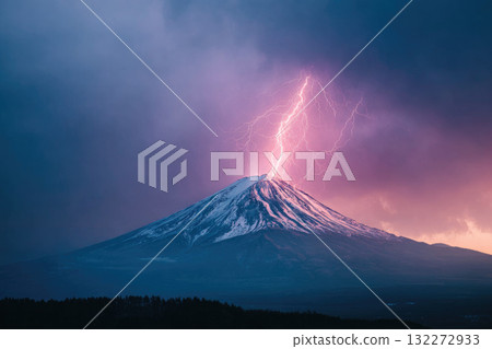 Dramatic lightning striking snow capped mountain under dark stormy sky, intense energy, natural power, evening landscape, moody atmosphere, distant horizon 132272933