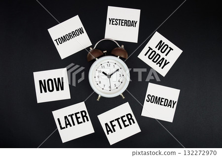 Alarm Clock Surrounded with Tomorrow, Yesterday, Now, Later, After, Someday, Not today 132272970