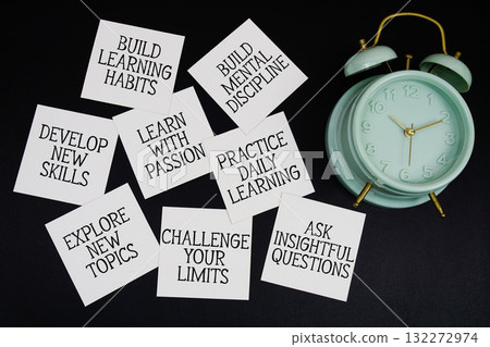 Alarm Clock Surrounded with Message about Education Concept Alarm Clock Surrounded with Message about Education Concept 132272974