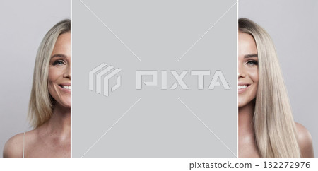 Charming young model woman and mature woman. Two female faces collage set. Old and young face 132272976