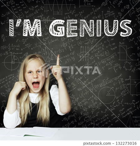 Excited child student sitting in classroom on school chalkboard background. Math education concept 132273016
